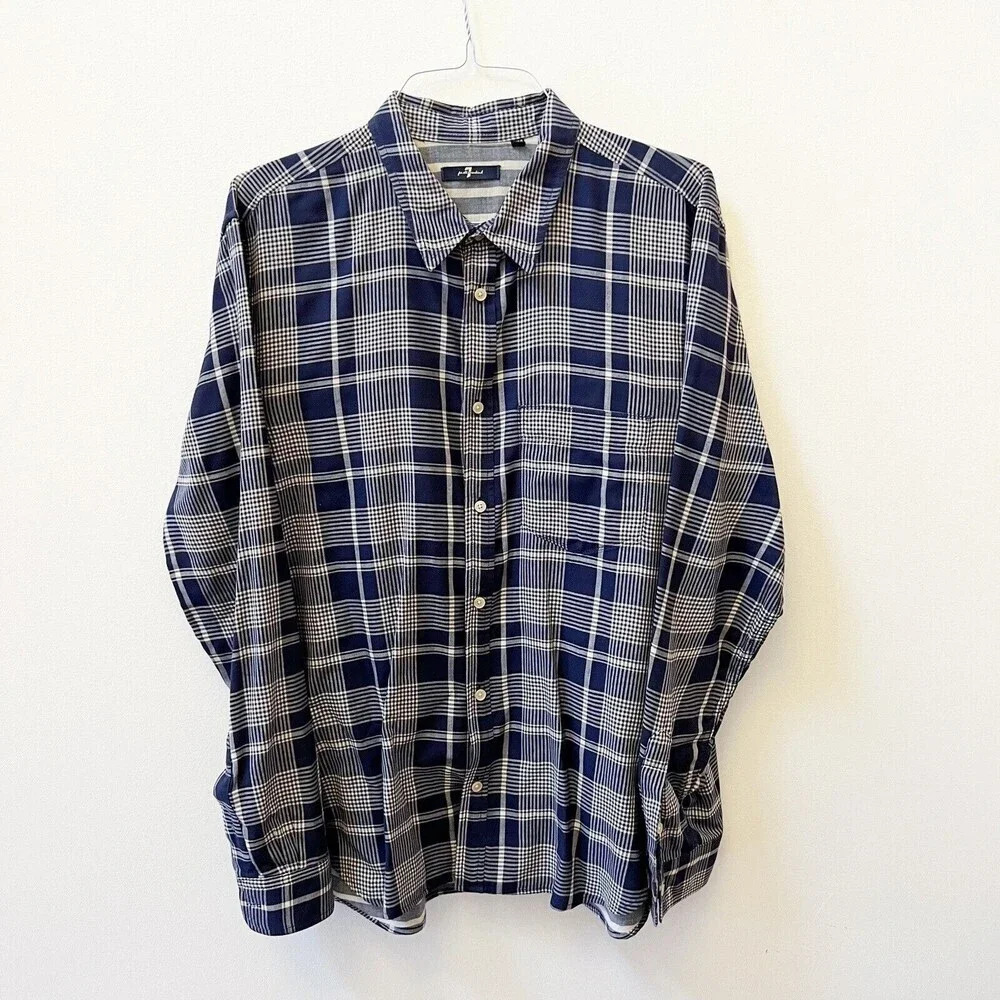 7 for All Mankind Mens Navy Blue Plaid Button Shirt XL Long Sleeve Cotton Collar